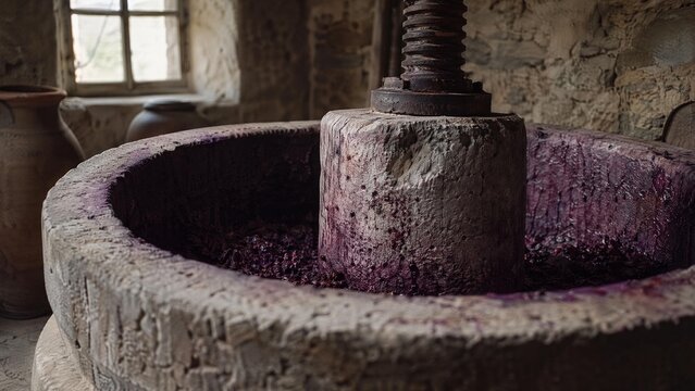 winepress. Ancient stone wine press with deep purple grape residue, textured surface in soft window light. bar promotions, beverage menus, designed for food & beverage menus and cafe branding.