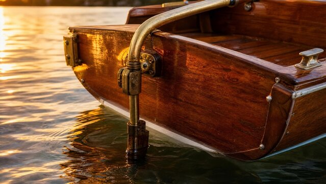 tiller. A small wooden boat's stern with a bronze tiller handle in calm golden hour light. mobility guides, transit brochures, designed for mobility and urban transit guides.