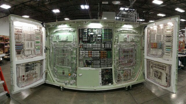 Intricate Aircraft Wiring and Electronic Systems Within Maintenance Bay