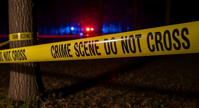 Crime scene tape at night with police lights in background
