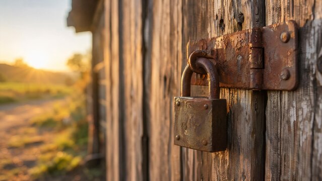 hasp. A weathered rusty hasp and padlock on a rustic barn door. real-estate listings, architecture portfolios, designed for interior renovation comparisons for interiors.