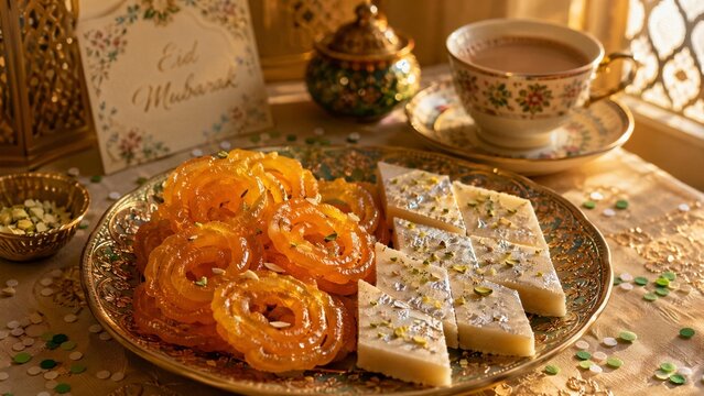 jalebi. Golden jalebi and white barfi on festive plate, edible confetti, chai cup, Pakistani sweets celebration concept for Independence Day. event programs.