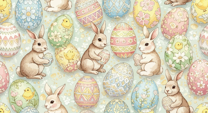 Easter bunny rabbits holding colorful eggs surrounded by flowers and chicks