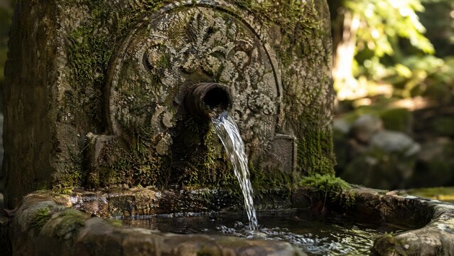 wellhead. Close-up of an ancient mossy stone wellhead with water flowing into a basin. real-estate listings.