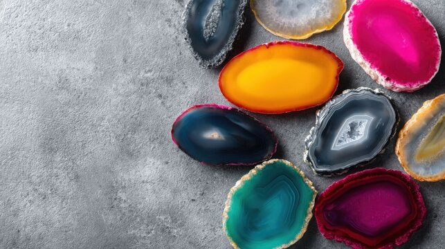 Vibrant polished agate slices showcasing colorful natural mineral formations against a textured gray surface
