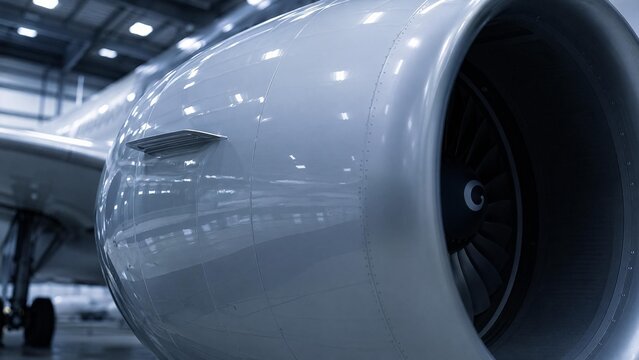 nacelle. Streamlined outer shell of aircraft engine nacelle reflecting hangar lights. mobility guides, transit brochures, designed for transport & logistics marketing, supports logistics messaging.