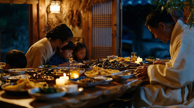 Family unit gathered around a low dinner table in a modest rural home with warm incandescent lighting, generational domestic scene, everyday home life, food culture, community belonging, family life