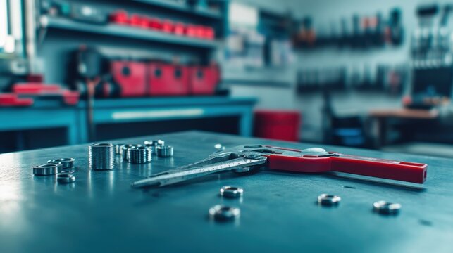 Precision metal caliper tool resting on work surface in workshop