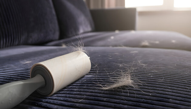 A sticky lint roller tool sits on a dark blue ribbed fabric sofa covered with loose pet hair and fur, showcasing the household chore of cleaning furniture and pet dander removal