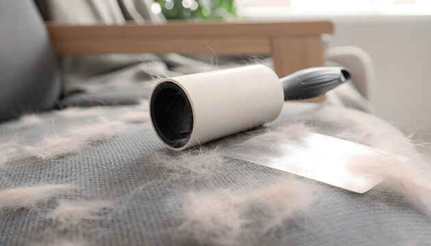 A sticky lint roller rests on a grey fabric couch covered with loose pet fur and shedding hair, highlighting the household chore of cleaning furniture and removing pet dander