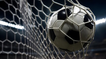 Fototapeta premium Soccer Ball in Net Goal Close Up Stadium Lights Background Celebration Stock Photo