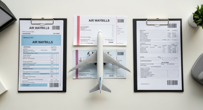 Airplane Model with Air Waybills and Documents on Clipboards representing Air Cargo Logistics and Global Shipping