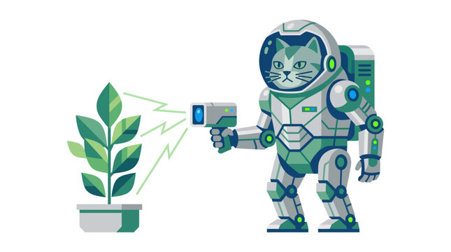 Astronaut cat in space suit scanning a growing plant with futuristic device