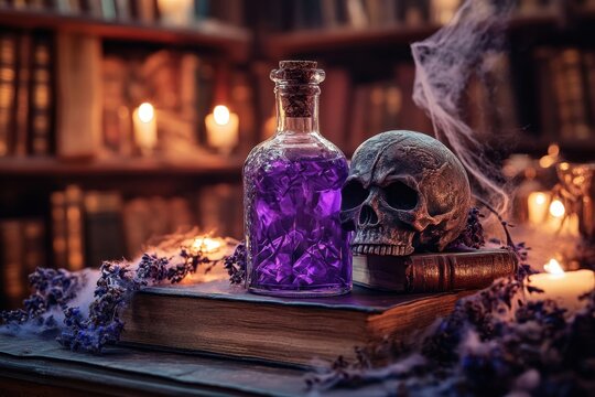 Skull bottle purple liquid poison bottle glass bottle skull vintage book lavender flower candle light dark library gothic decor