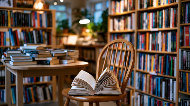 Warm indoor lighting illuminating a small independent bookshop interior with floor to ceiling shelves and a single reading table, retail culture, literary community, small business identity, local c