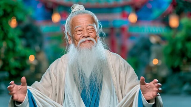 Ancient Chinese elder with a white beard smiling in traditional costume before a temple. Wise and dignified portrait reflecting cultural heritage, history, and timeless tradition.