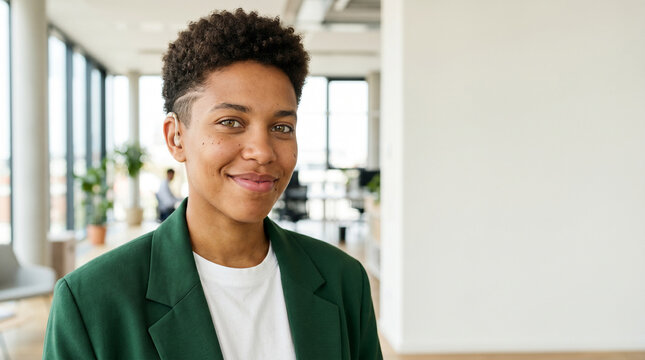 confident young person smiling in modern office environment, concept of workplace diversity