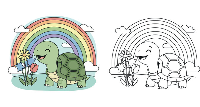 Cute Cartoon Turtle Smelling Flowers Under a Rainbow &ndash; Adorable Vector Illustration for Kids Coloring Book
