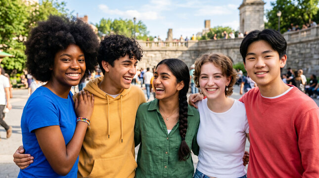 group of diverse young friends enjoying outdoor gathering at city park on sunny day
