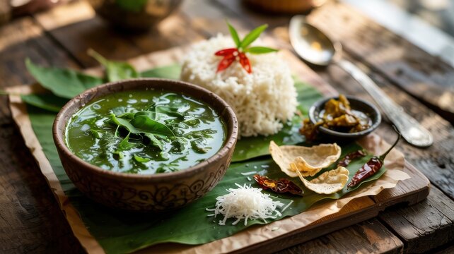 A dish of Indian cuisine. 
Traditional Indian green curry soup, which is called Kirai Masial in South Indian cuisine.
