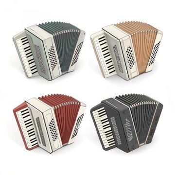 Four accordions isolated on white background, musical instrument, bellows
