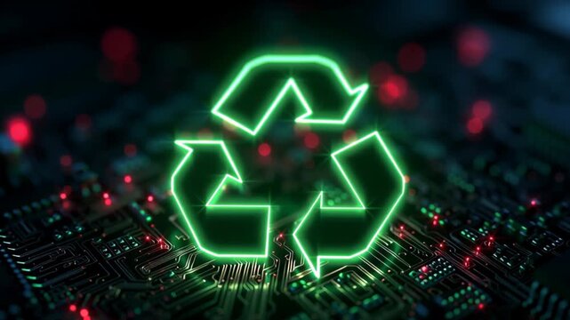 Glowing neon recycle symbol on a dark background. Powerful environmental concept representing sustainability, renewable resources, circular economy, and global eco-conscious innovation.