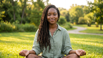 Fototapeta premium young woman enjoying peaceful meditation in a sunny park, embracing nature and tranquility