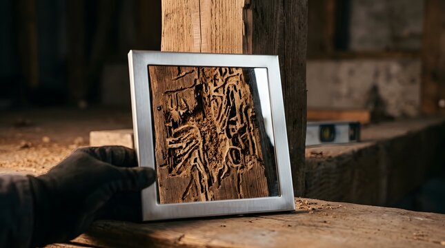 Wooden frame with intricate bug bite patterns on wooden plank