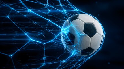 Fototapeta premium Soccer Ball Passing Through Digital Blue Energy Net Exciting Goal Metaphor