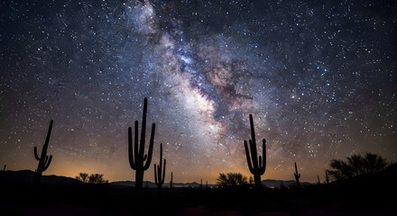 Milky Way galaxy over a desert landscape with saguaro cacti silhouettes © mohamed