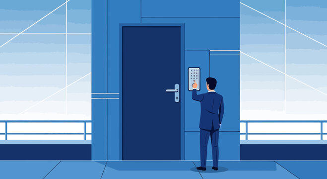 Businessman accessing office with keypad security on blue modern building background