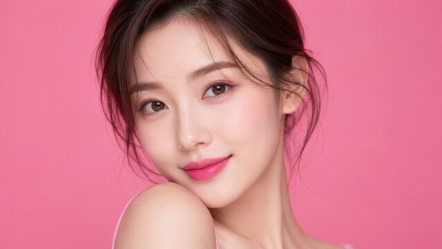 Young woman smiling against pink studio background with soft light