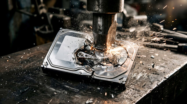 Hard drive being destroyed with a drill in a workshop setting with sparks flying
