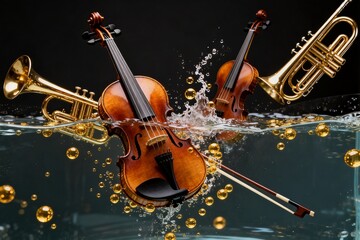Fototapeta premium Violins and Trumpets in Water with Bubbles