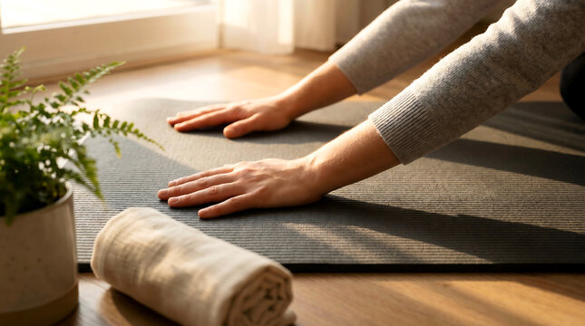 Person doing yoga on a mat with a plant and rolled up towel nearby in a room