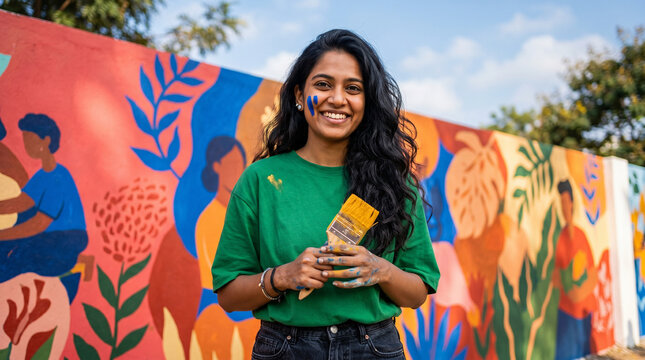 smiling artist with paintbrush standing in front of colorful outdoor mural on sunny day