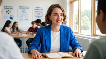 Fototapeta premium young teacher engaging with high school students in classroom discussion bright atmosphere