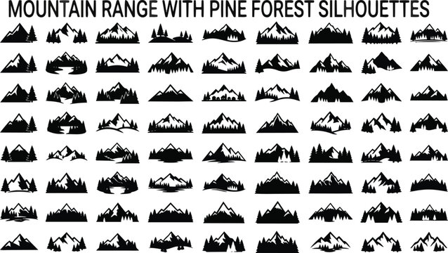 Collection of black mountain range and pine forest silhouette vector graphic icons featuring diverse jagged peaks and evergreen tree shapes presented in a simple on transparent background.