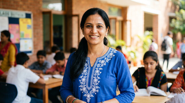 smiling teacher guiding students in outdoor classroom, concept of education and learning
