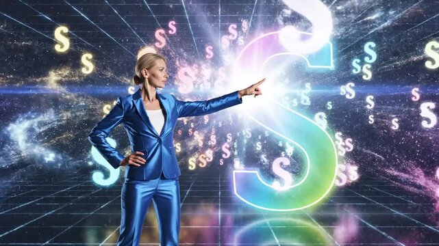 Confident Caucasian businesswoman pointing to a vibrant, glowing legal section symbol amidst floating dollar signs in an abstract digital background.
