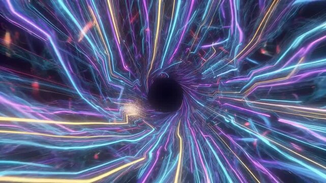 Abstract neon energy lines spiraling into dark center in dynamic style on cosmic background, concept of futuristic motion