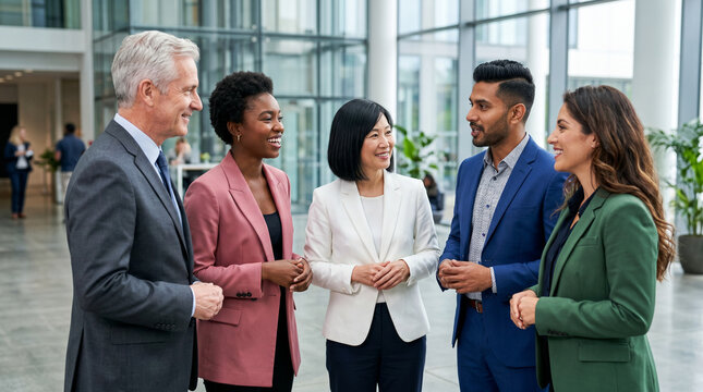 diverse group of business professionals having a discussion in modern office atrium