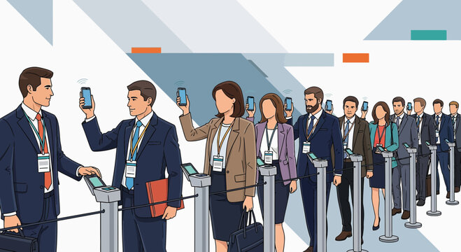 Business people in queue scanning phones at event entrance, conference