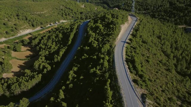 Cyclists on Winding Mountain Road Through Mediterranean Forest