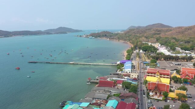 Aerial footage of Sattahip district located in Chomburi province.