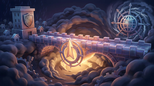 Global economic crisis and financial risk management concept with 3D stone bridge sheltering from dark storm with glowing compass arrow and globe icon