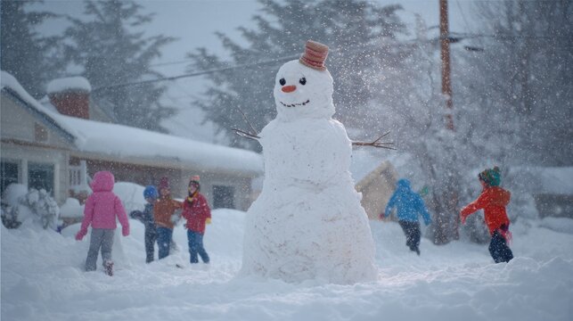A snowman standing tall in a winter wonderland, with kids playing and throwing snowballs in the background.