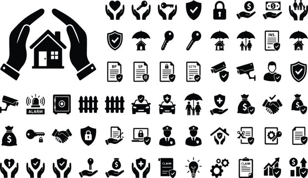 Comprehensive collection of insurance and security vector graphic icons featuring hands protecting homes and assets presented in a solid black style on transparent background