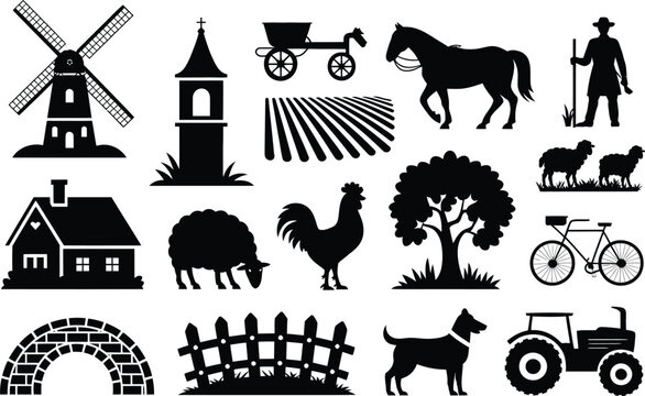 Farm and agricultural elements silhouette collection including tractor livestock farmer and crops with agriculture silhouette livestock windmill countryside graphics collection isolated