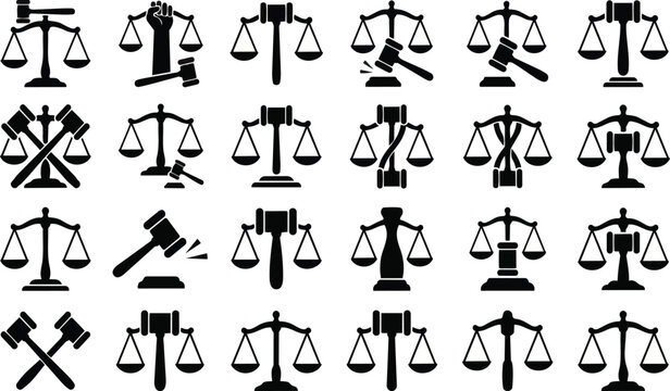 Collection of professional black vector graphic law icons featuring various scales of justice and wooden court gavels arranged in a grid pattern on transparent background